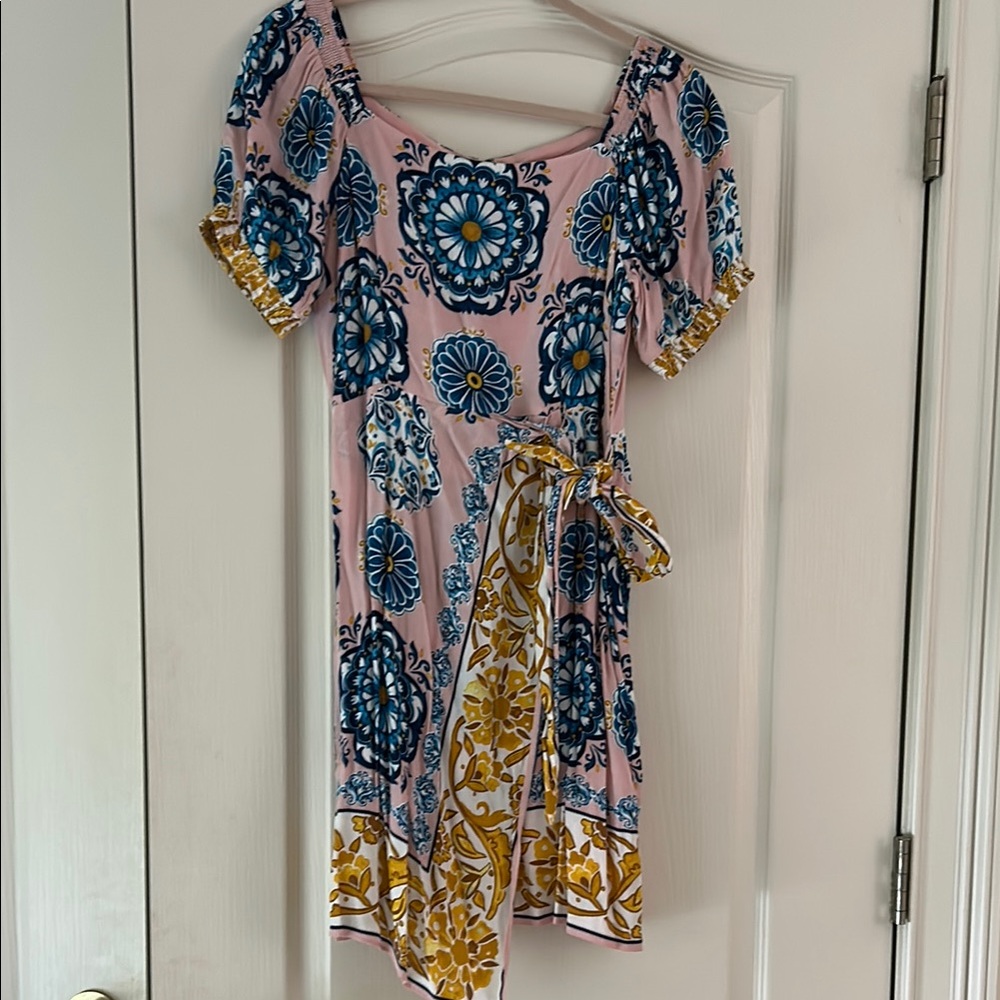 Anthropologie Pink and Blue Puff Sleeve Mini Dress